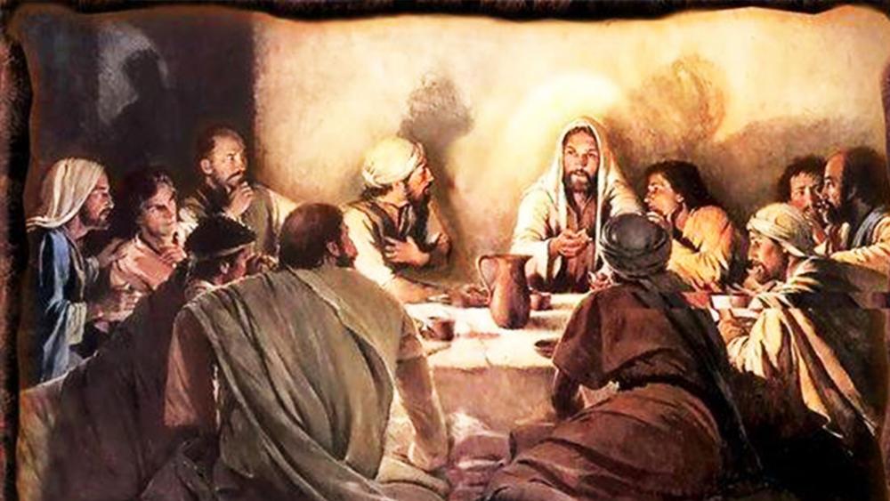 a drawing of Jesus sitting around a table with is Apostles