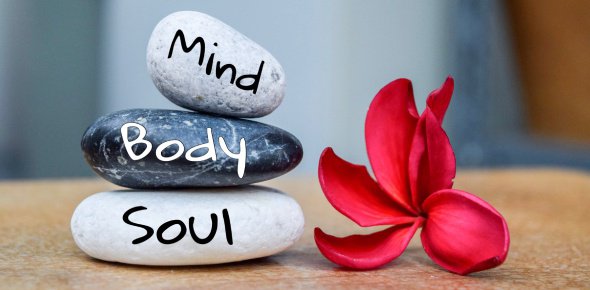 2 rocks stacked atop each other, with each named, "Mind, Body, Soul" red flower on the side