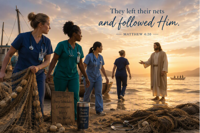 Image of 4 nurses on a shore with Jesus