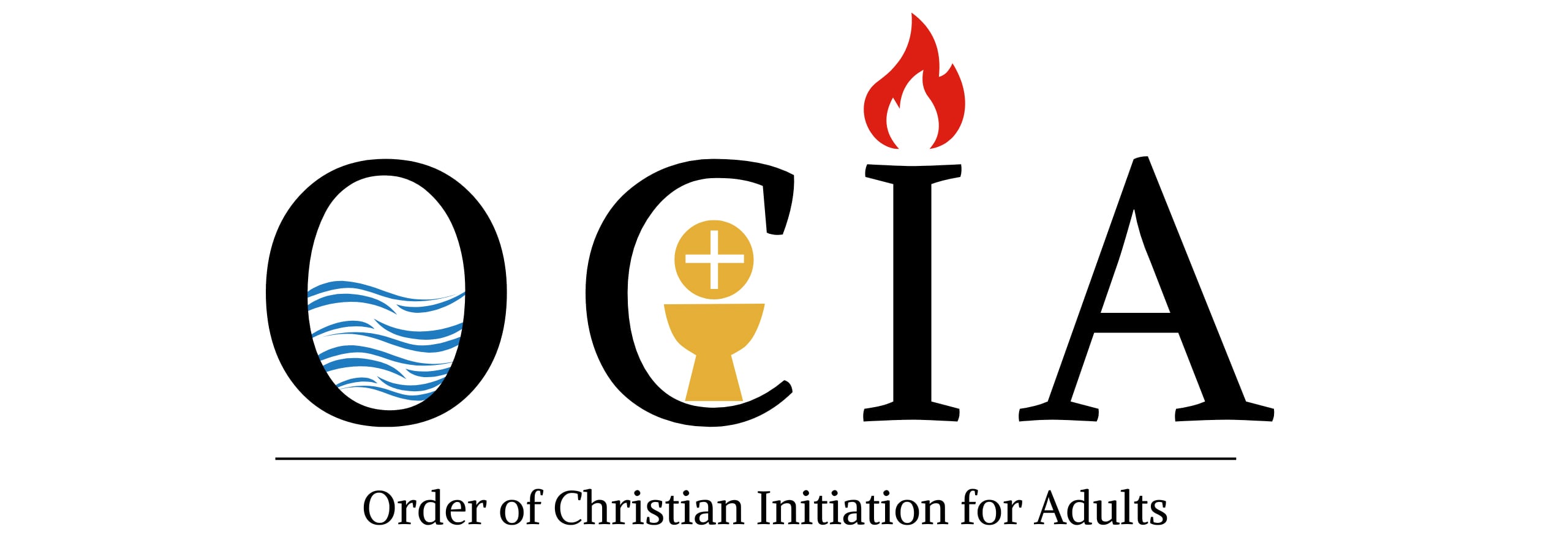 OCIA letters in black font, water in "O" to represent baptism, Chalice in "C" to represent Communion, a flame over the "I" to represent Confirmation, nothing around the A