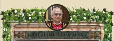 A picture of Pope Leo on a piece of parchement with an elaborate floral border