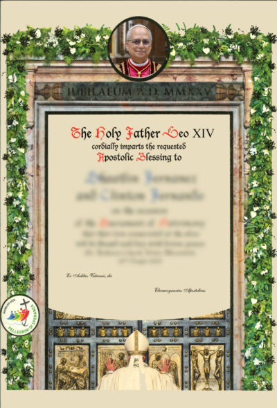 A picture of Pope Leo on a piece of parchement with an elaborate floral border