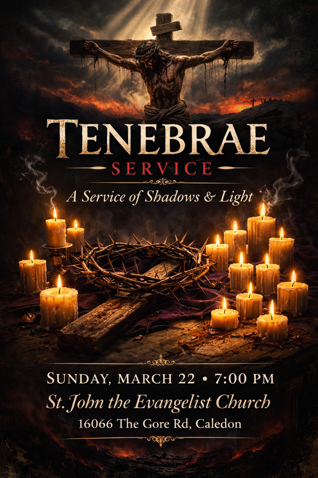 poster advertising a tenebrae service at St. John the Evangelist Church Caledon for Sun Mar 22 at 7 pm