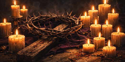 wooden cross laying on ground with a crown of thorns on top of it, surrounded by candles