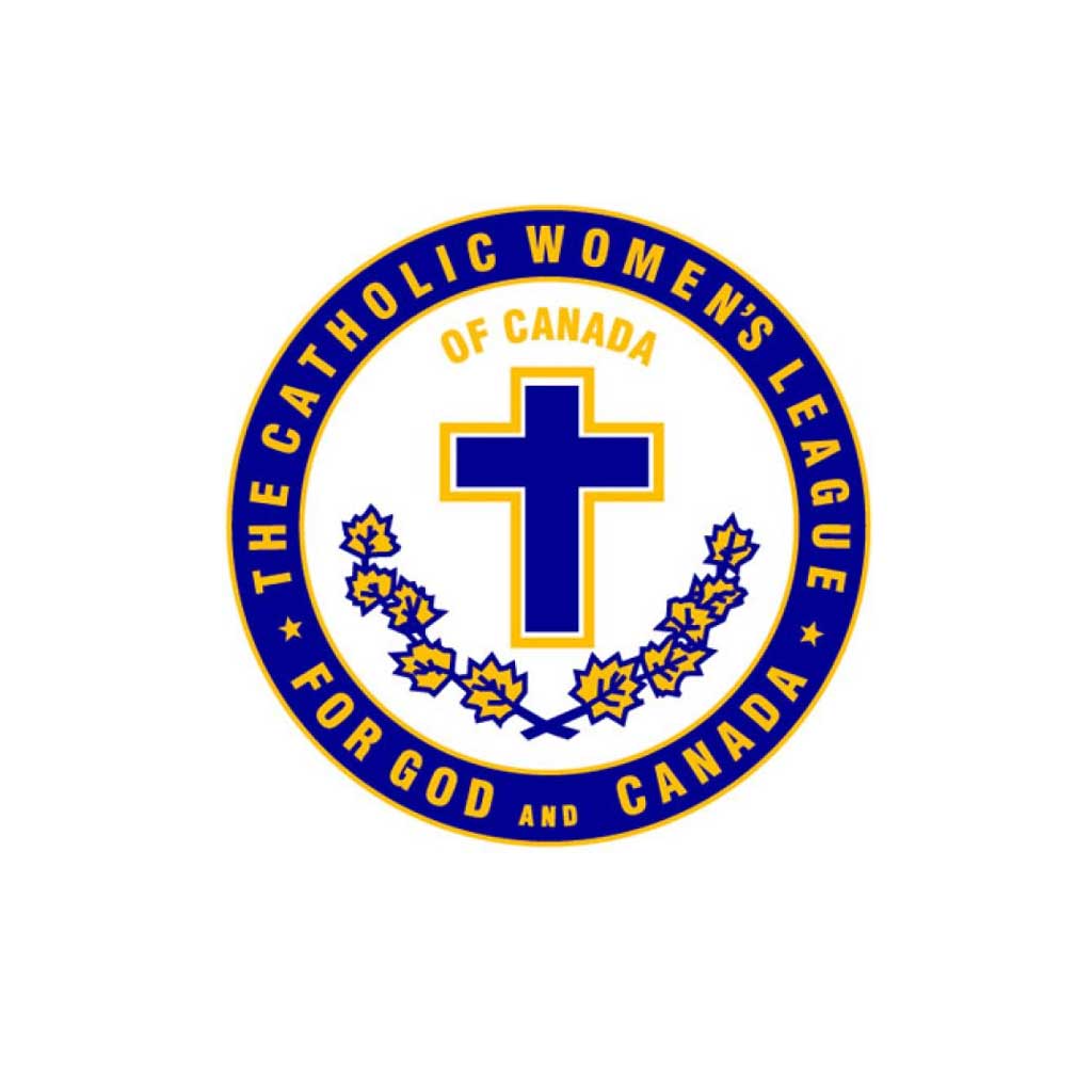 Logo of the Catholic Women's League of Canada. A blue cross outlined in gold and encircled with a blue cirlce lined in gold