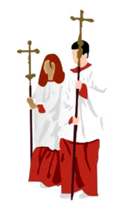 Boy and girl altar servers in red and whie robes carrying crosses